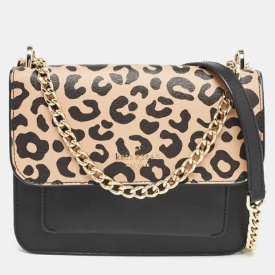 Pre-owned Kate Spade Black/beige Leopard Print Leather Remi Flap Chain Crossbody Bag