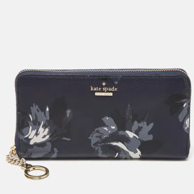Pre-owned Kate Spade Blue Floral Print Leather Zip Around Wallet