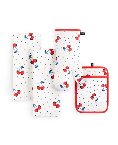 Kate Spade Cherry Dot Kitchen Towel, Oven Mitt Pot Holder 4-pack Set, In White,red,blue