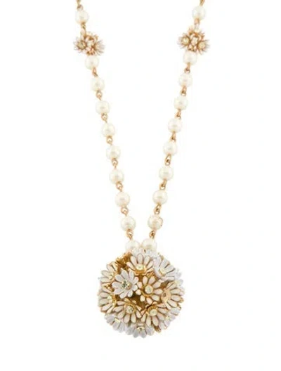 Pre-owned Kate Spade Crystal & Pearl He Loves Me He Loves Me Not Station Pendant Necklace, 35" In Multi
