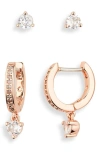 Kate Spade Crystal Stud & Huggie Earrings Set In Clear/ Rose Gold
