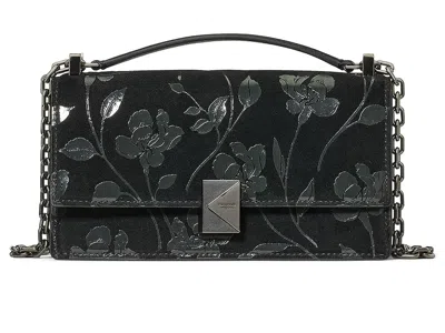 Kate Spade Deco Uptown Blooms Printed Suede Mini Flap Chain Crossbody Wallet Handbags Black: One Size