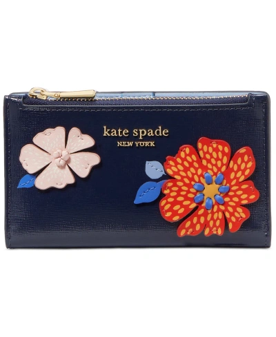 Kate Spade Dottie Bloom Flower Applique Saffiano Leather Small Slim Bifold Wallet In Parisian Navy Multi