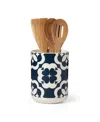 Kate Spade New York Elegant Geo Utensil Crock With Wood Utensils Set In Navy