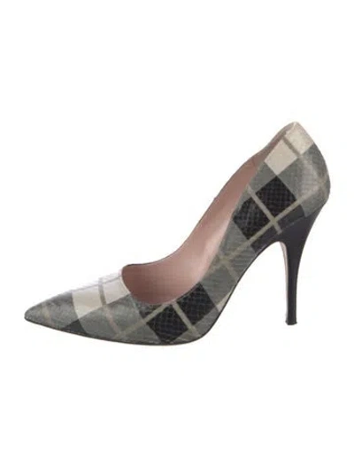 Pre-owned Kate Spade Embossed Leather Plaid Print Pumps In Gray