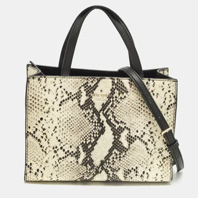 Pre-owned Kate Spade Emerson Place Sam Cream/black Python Embossed Leather Tote In White