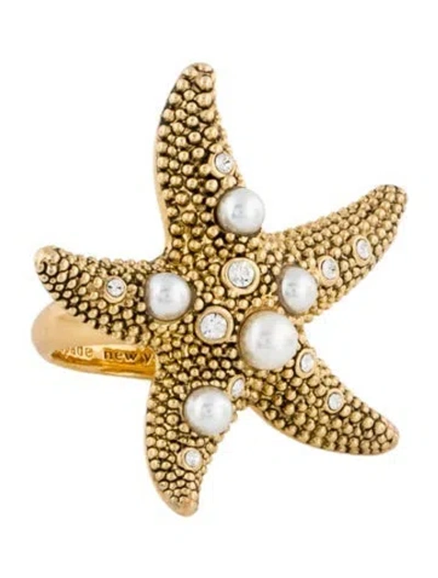Pre-owned Kate Spade Faux Peal & Crystal Sea Starfish Cocktail Ring In Multicolor