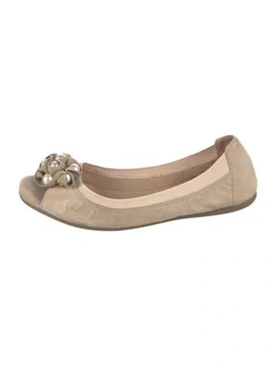 Pre-owned Kate Spade Faux Pearl Accents Suede Ballet Flats In Neutral