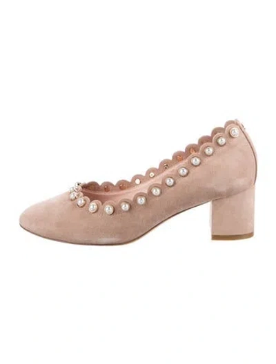 Pre-owned Kate Spade Faux Pearl Accents Suede Pumps In Neutral