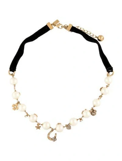 Pre-owned Kate Spade Faux Pearl & Crystal Choker Necklace, 22" In Black