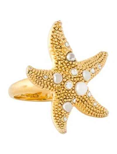 Pre-owned Kate Spade Faux Pearl & Crystal Sea Star Starfish Cocktail Ring In White
