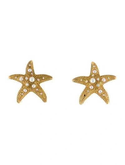 Pre-owned Kate Spade Faux Pearl & Crystal Sea Star Starfish Statement Earclip Earrings In White