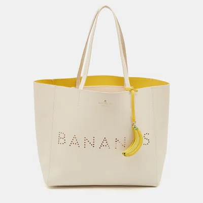 Pre-owned Kate Spade Flights Of Fancy Bananas Hallie White/yellow Leather Tote