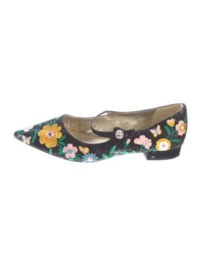 Pre-owned Kate Spade Floral Print Embroidered Accent Flats In Black