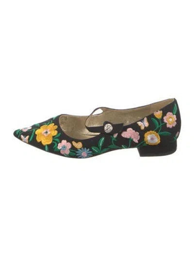 Pre-owned Kate Spade Floral Print Embroidered Accent Mary Jane Flats In Black