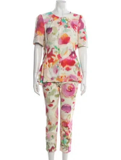 Pre-owned Kate Spade Floral Print Keyhole Accent Pant Set In White