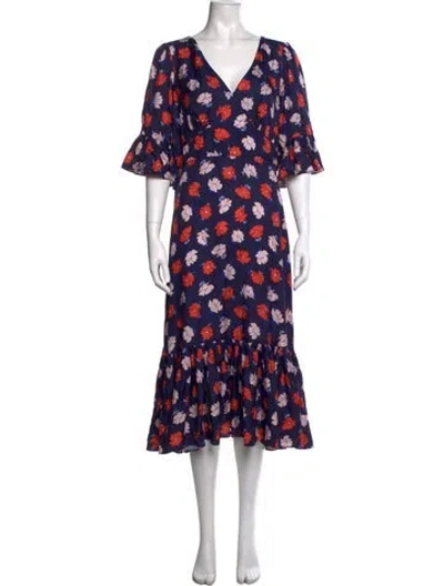 Pre-owned Kate Spade Floral Print Midi Length Dress In Blue