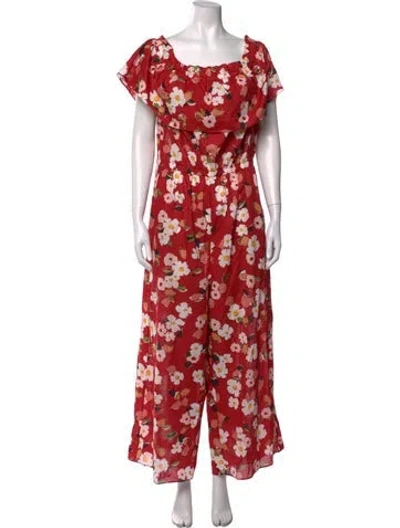 Pre-owned Kate Spade Floral Print Off-the-shoulder Jumpsuit In Red