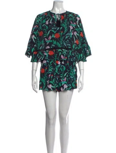 Pre-owned Kate Spade Floral Print Tie Neck Romper In Black/green