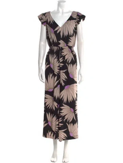 Pre-owned Kate Spade Floral Print V-neck Jumpsuit In Black