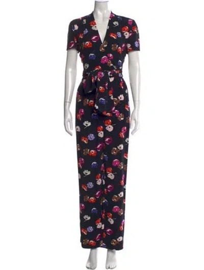 Pre-owned Kate Spade Floral Print V-neck Jumpsuit In Black