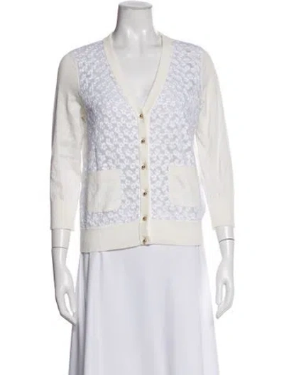 Pre-owned Kate Spade Floral Print V-neck Sweater In White
