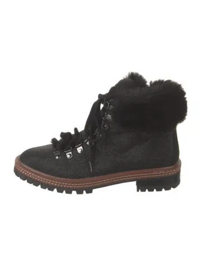 Pre-owned Kate Spade Glitter Faux Fur Trim Lace-up Boots In Black
