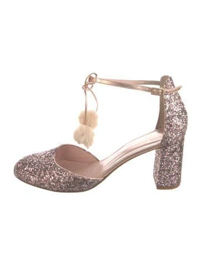 Pre-owned Kate Spade Glitter Pom-pom Embellishments T-strap Pumps In Pink