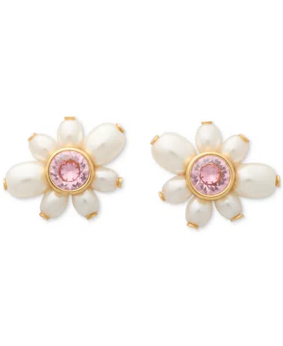 Kate Spade Gold-tone Color Cubic Zirconia & Imitation Pearl Flower Stud Earrings In Pink