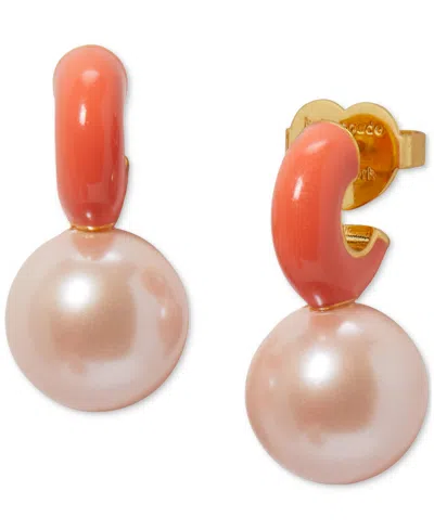 Kate Spade Gold-tone Imitation Pearl Charm Pave Huggie Hoop Earrings In Coral