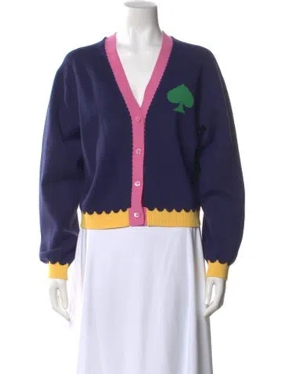 Pre-owned Kate Spade Graphic Print V-neck Sweater In Blue
