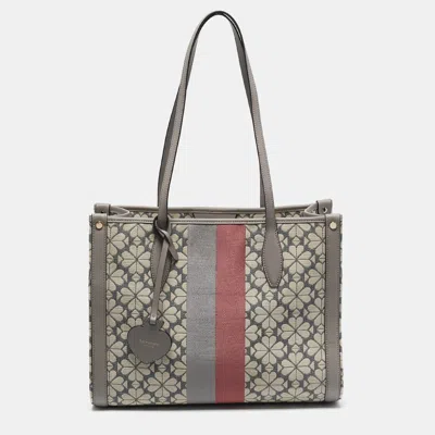 Pre-owned Kate Spade Grey Canvas And Leather Flower Stripe Market Tote