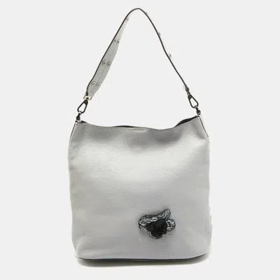 Pre-owned Kate Spade Grey Floral Applique Leather Atlantic Avenue Libby Bucket Bag