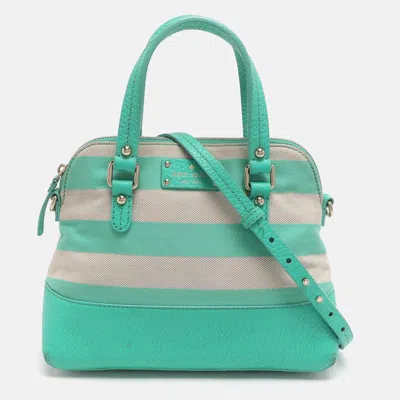 Pre-owned Kate Spade Groove Court Maise Green/beige Stripe Canvas And Leather Satchel