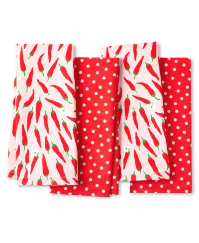 Kate Spade Hot Hot Hot Peppers And Spring Time Dot Kitchen Towel 4-pack In Red