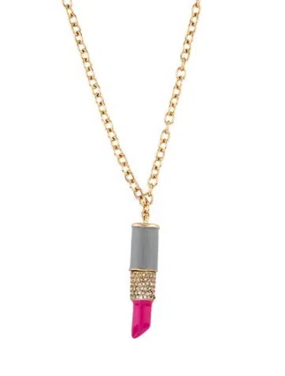 Pre-owned Kate Spade Kiss & Make Up Lipstick Crystal & Enamel Pendant Necklace, 38", 38" In Clear/grey/pink
