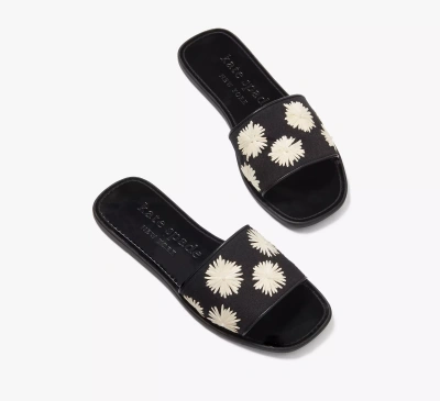 Kate Spade Lauren Pom Pom Floral Slide Sandals In Black/cream