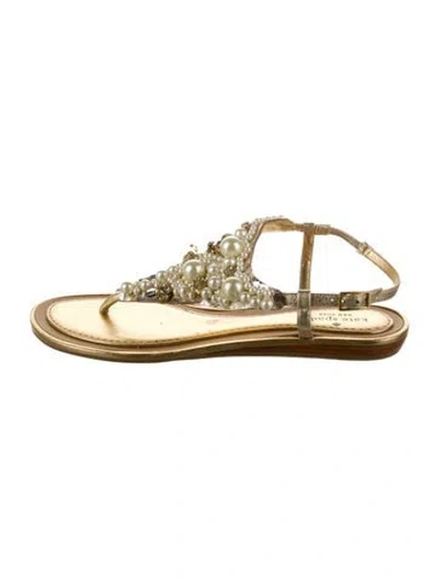 Pre-owned Kate Spade Leather Crystal Embellishments T-strap Sandals In Gold