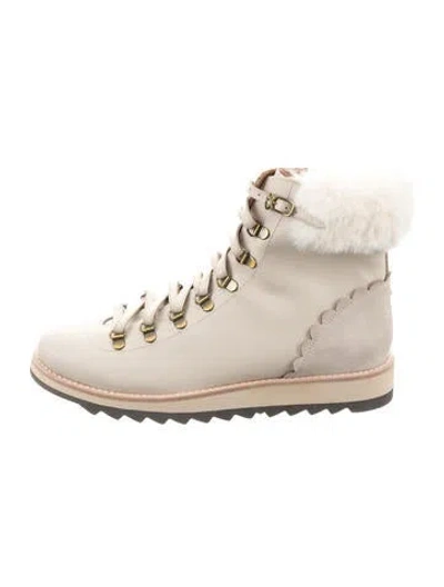 Pre-owned Kate Spade Leather Faux Fur Trim Hiking Boots In Neutral