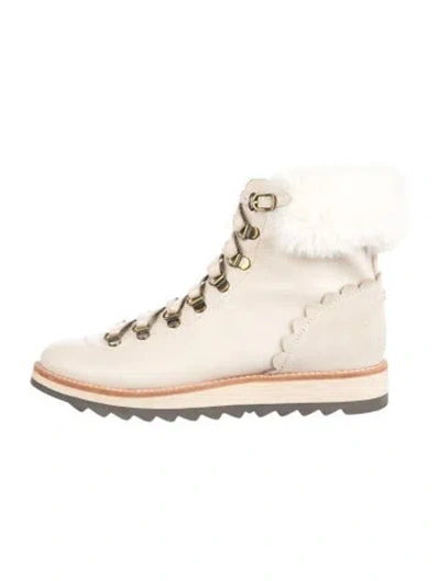 Pre-owned Kate Spade Leather Faux Fur Trim Hiking Boots In Neutrals