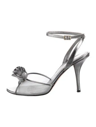 Pre-owned Kate Spade Leather Mesh Accents Sandals In Silver