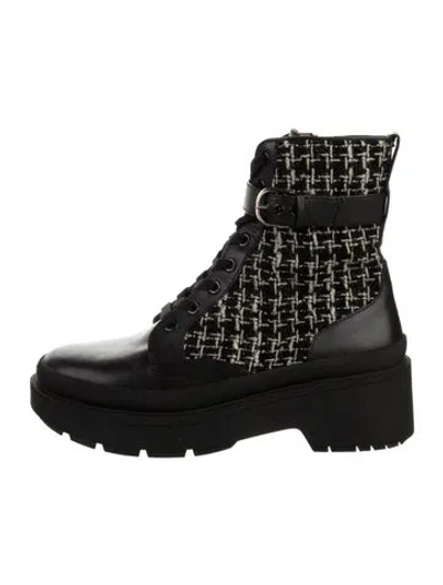 Pre-owned Kate Spade Leather Tweed Pattern Combat Boots In Black