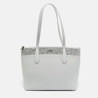 Pre-owned Kate Spade Light Grey Leather Flash Glitter Tote In Gray