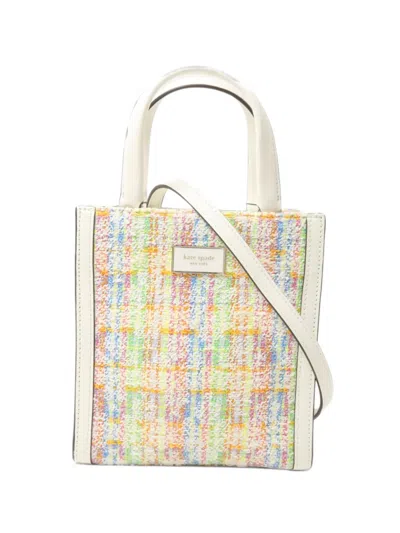 Pre-owned Kate Spade Mini Manhattan Logo-plaque Tote Bag In White