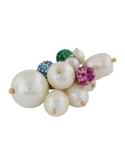 Pre-owned Kate Spade Mother Of Pearl, Faux Pearl & Crystal Cluster Statement Cocktail Ring