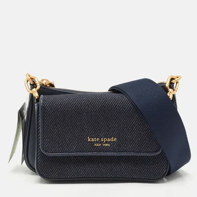 Pre-owned Kate Spade Navy Blue Denim And Saffiano Leather Double Up Crossbody Bag