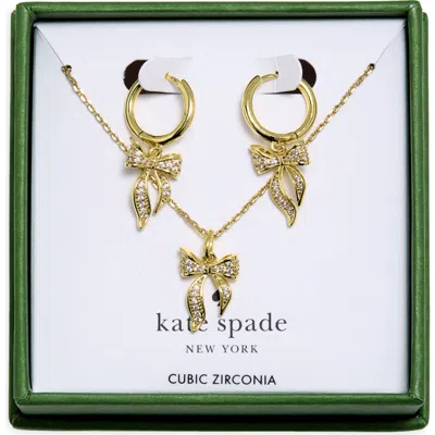 Kate Spade New York Bow Pavé Huggie Hoop Earrings & Pendant Necklace Set In Gold