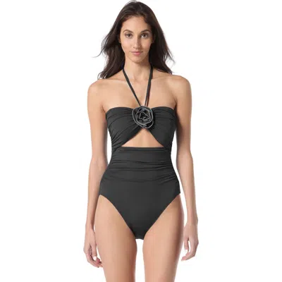 Kate Spade New York Contrast Rosette Solids Bandeau One Piece Swimsuit In Black