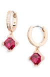 Kate Spade New York Crystal Drop Huggie Hoop Earrings In Ruby/rose Gold