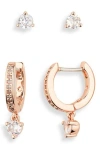 Kate Spade New York Crystal Stud & Huggie Earrings Set In Clear/rose Gold